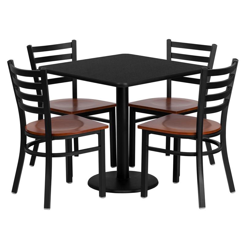 30'' Square Black Laminate Table Set With 4 Ladder Back Metal Chairs - Cherry Wood Seat