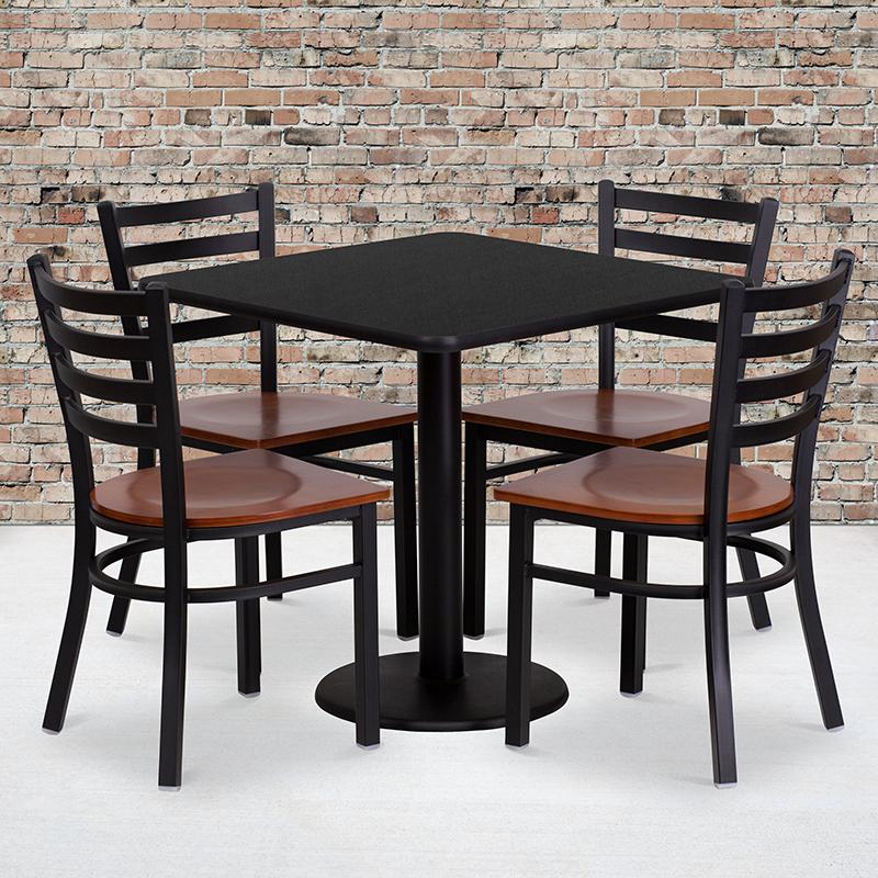 Image of 30'' Square Black Laminate Table Set With 4 Ladder Back Metal Chairs - Cherry Wood Seat
