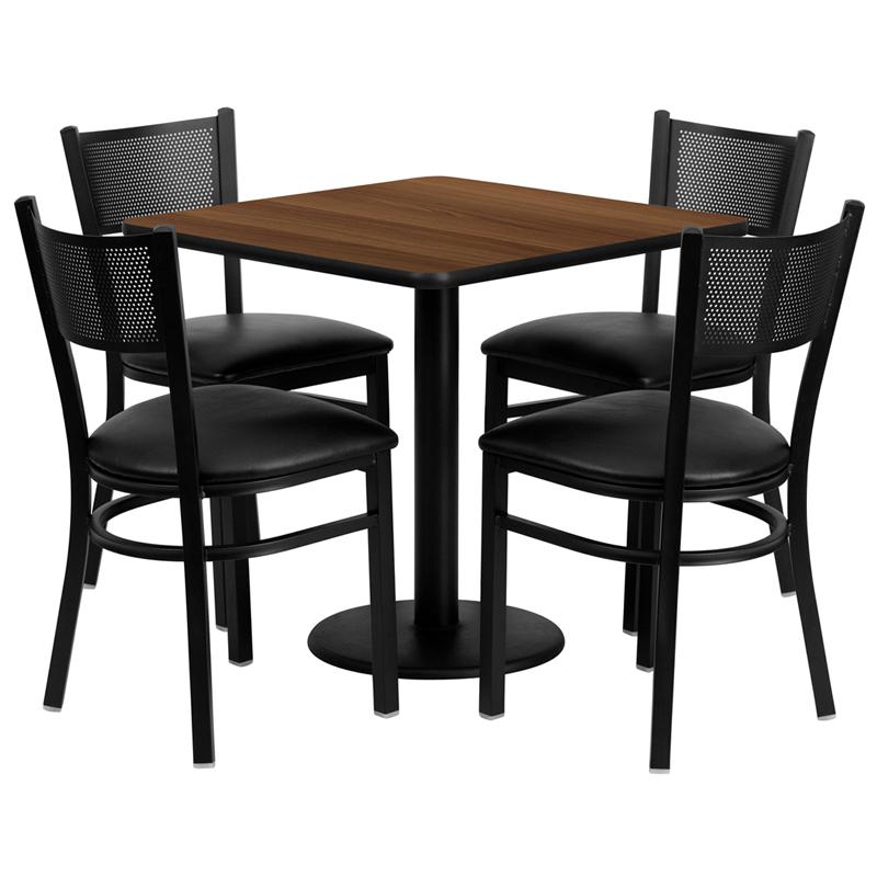 30- Square Walnut Laminate Table Set with 4 Metal Chairs - Black Vinyl Seat