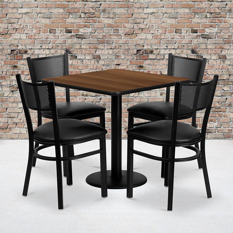 30- Square Walnut Laminate Table Set with 4 Metal Chairs - Black Vinyl Seat