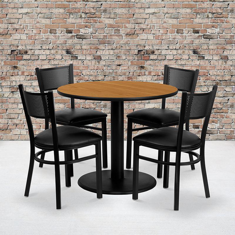 36- Round Table Set with 4 Metal Chairs - Black Seat