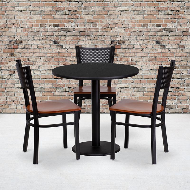 30" Round Black Laminate Table Set with 3 Grid Back Metal Chairs - Cherry Wood Seat