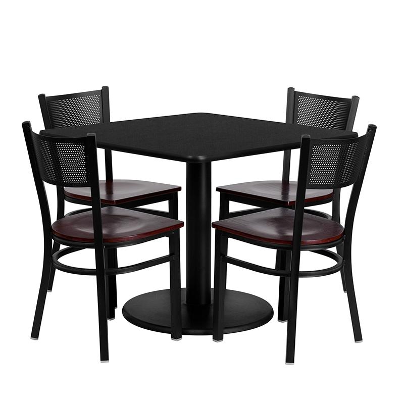 36- Square Table Set with 4 Metal Chairs - Mahogany Seat