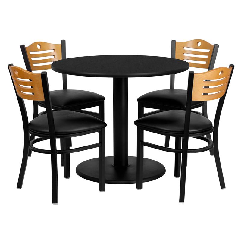36- Round Table Set with 4 Metal Chairs - Black Seat