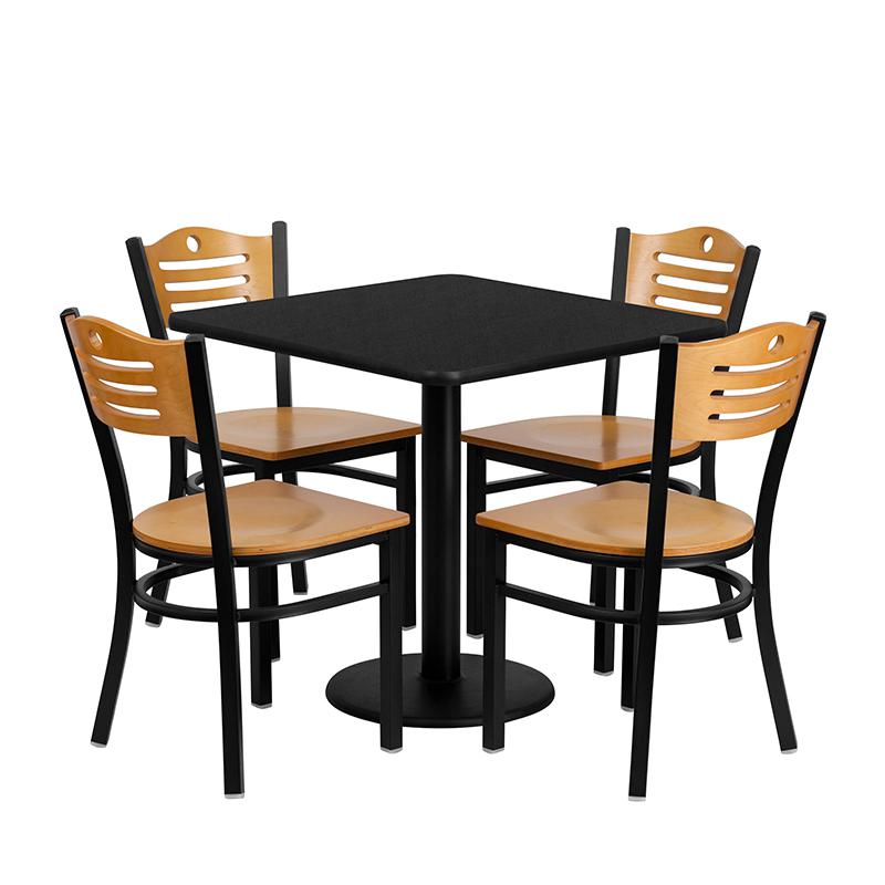 30" Square Black Laminate Table Set with 4 Metal Chairs - Natural Wood Seat
