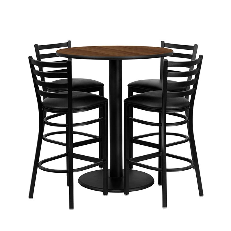36'' Round Walnut Laminate Table Set With 4 Ladder Back Metal Barstools - Black Vinyl Seat