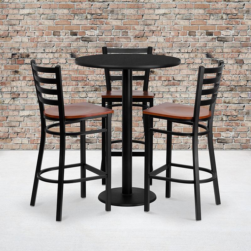 Image of 30'' Round Black Laminate Table Set With 3 Ladder Back Metal Barstools - Cherry Wood Seat