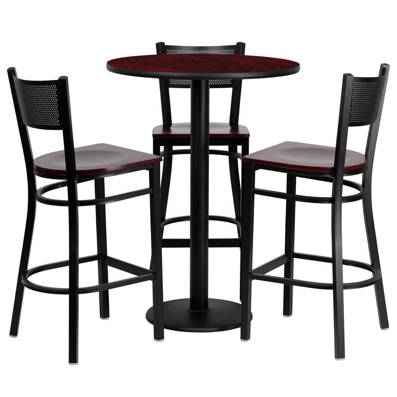 30'' Round Mahogany Laminate Table Set With 3 Grid Back Metal Barstools - Mahogany Wood Seat
