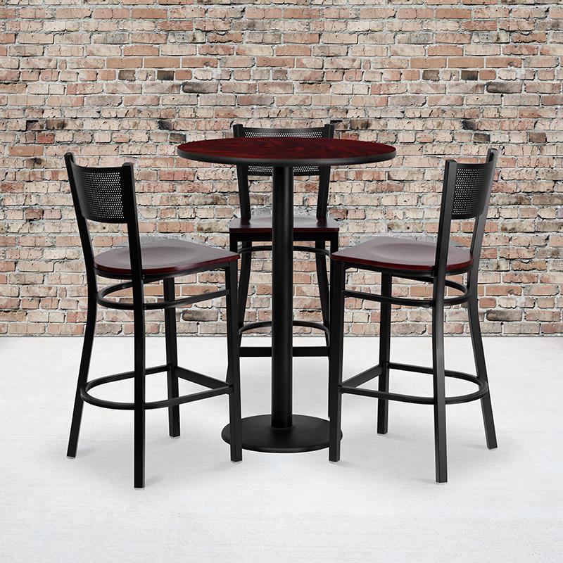 Image of 30'' Round Mahogany Laminate Table Set With 3 Grid Back Metal Barstools - Mahogany Wood Seat