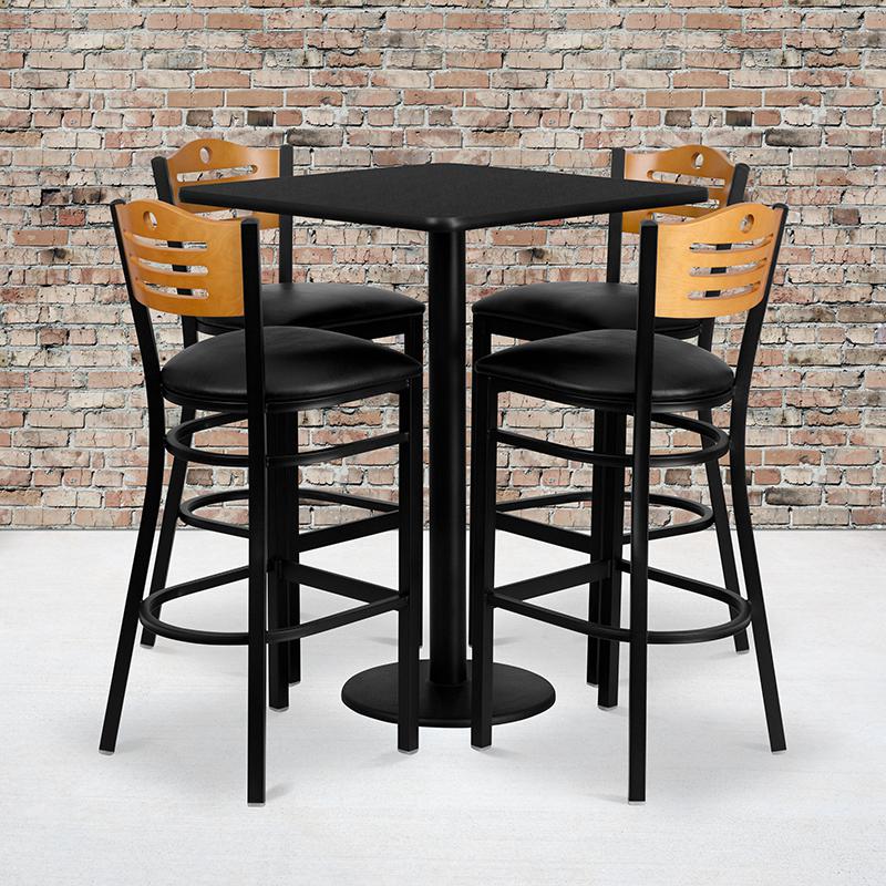 Image of 30'' Square Black Laminate Table Set With 4 Wood Slat Back Metal Barstools - Black Vinyl Seat
