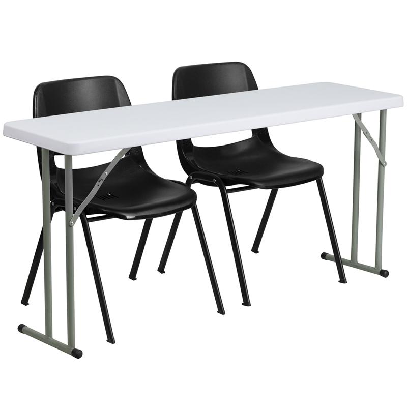18- x 60- Plastic Folding Training Table Set with 2 Black Stack Chairs