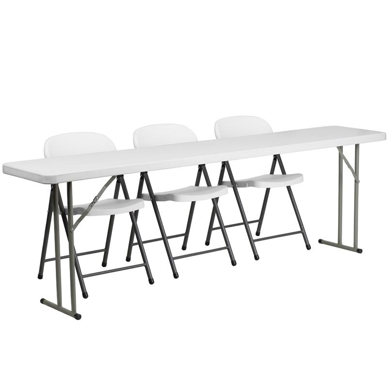 18- x 96- Plastic Folding Training Table Set with 3 White Chairs