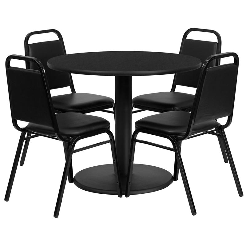 36'' Round Black Laminate Table Set With Round Base And 4 Black Trapezoidal Back Banquet Chairs