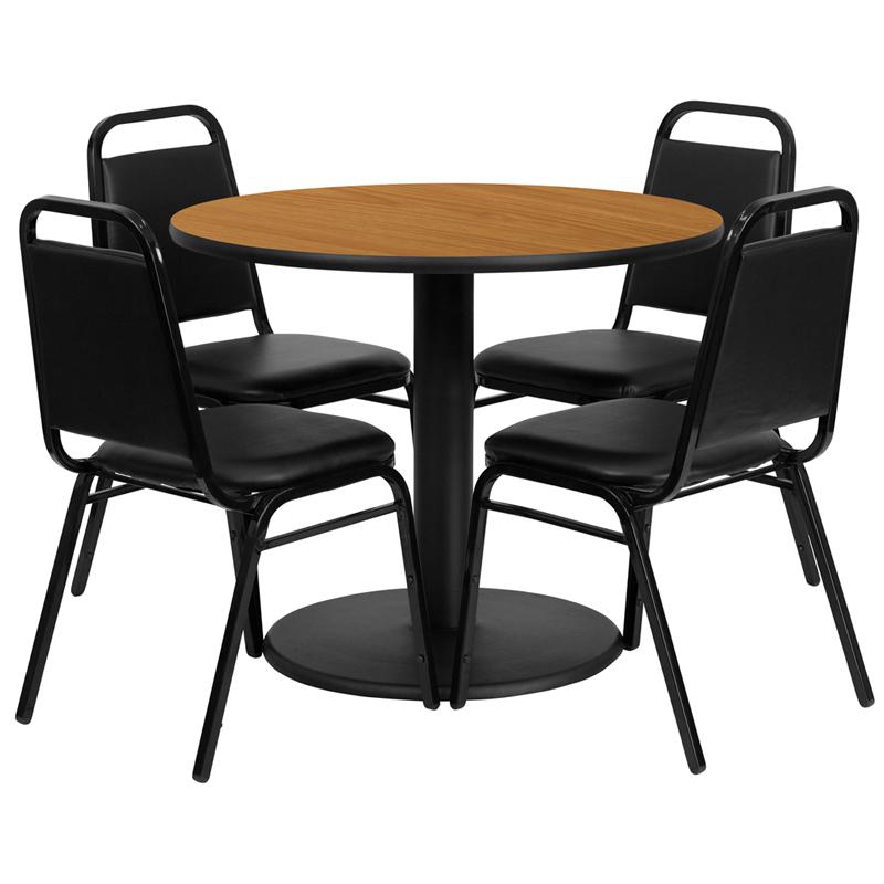 36'' Round Natural Laminate Table Set With Round Base And 4 Black Trapezoidal Back Banquet Chairs