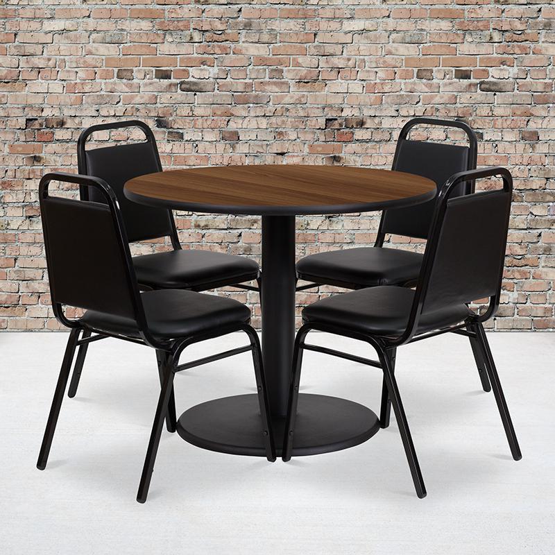 36- Round Walnut Laminate Table Set with Round Base & 4 Black Trapezoidal Back Banquet Chairs