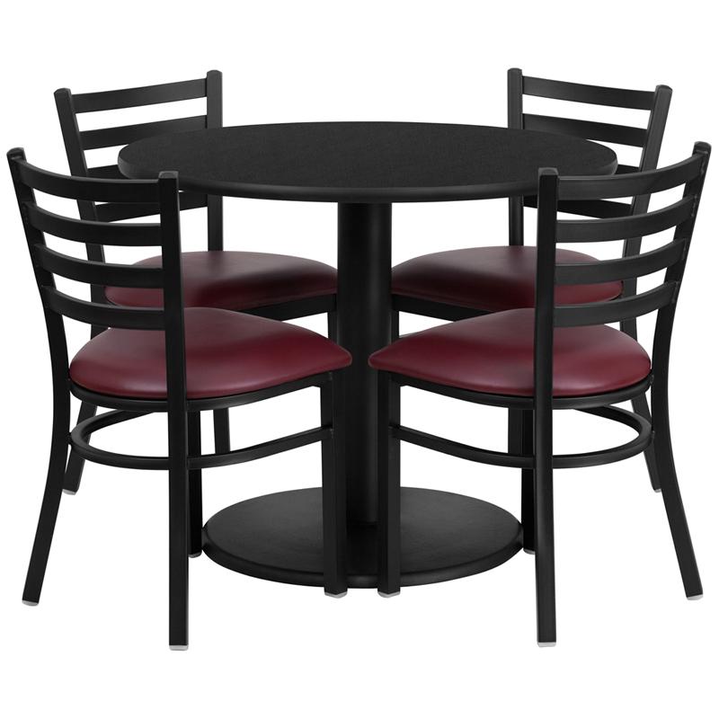 36- Round Table Set with 4 Metal Chairs - Burgundy Seat
