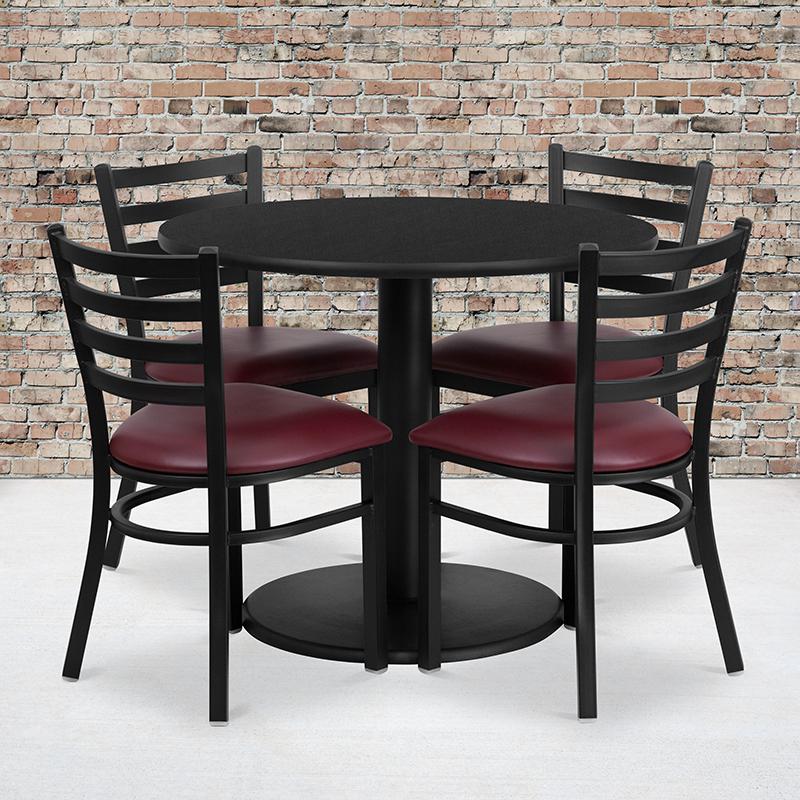 36- Round Table Set with 4 Metal Chairs - Burgundy Seat