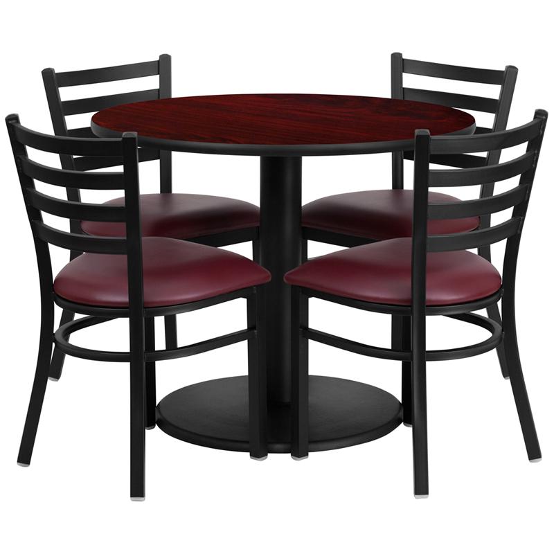 36- Round Table Set with 4 Metal Chairs - Burgundy Seat