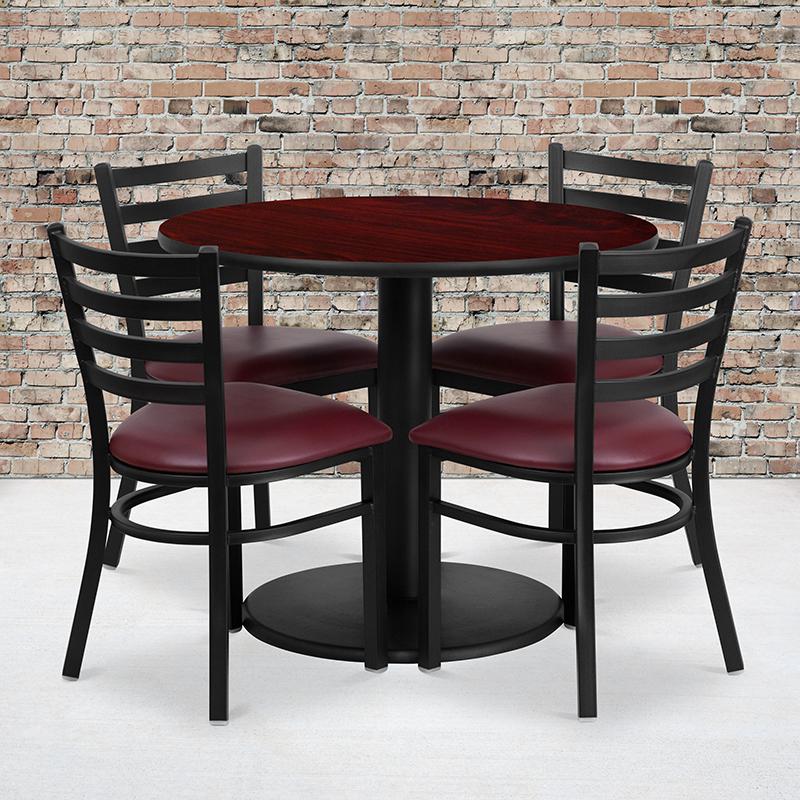 36- Round Table Set with 4 Metal Chairs - Burgundy Seat