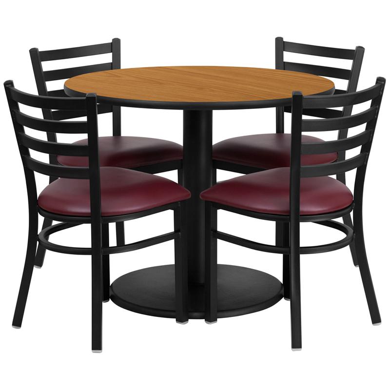 36- Round Table Set with 4 Metal Chairs - Burgundy Vinyl Seat