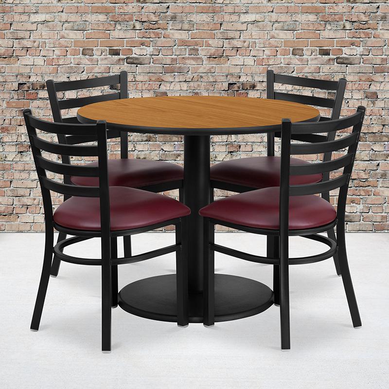 36- Round Table Set with 4 Metal Chairs - Burgundy Vinyl Seat