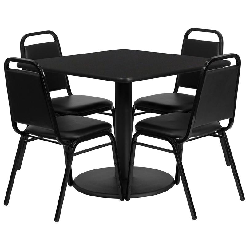 36- Square Table Set with Round Base and 4 Trapezoidal Back Chairs