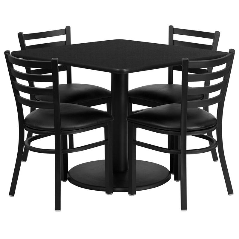 36- Square Table Set with 4 Metal Chairs - Black Seat