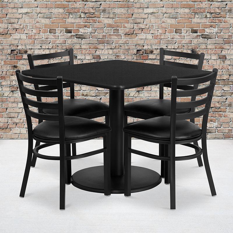 36- Square Table Set with 4 Metal Chairs - Black Seat