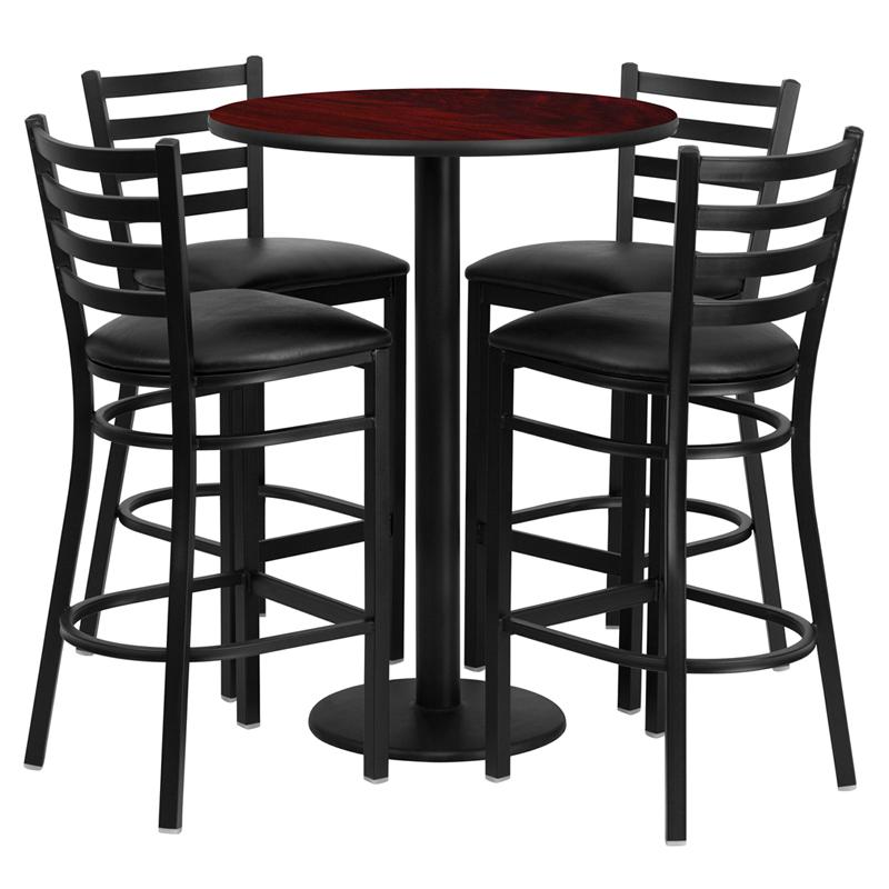 30- Round Table Set with 4 Metal Barstools - Black Seat