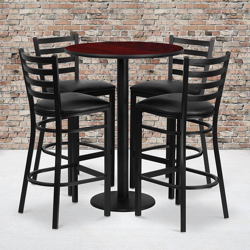 30- Round Table Set with 4 Metal Barstools - Black Seat