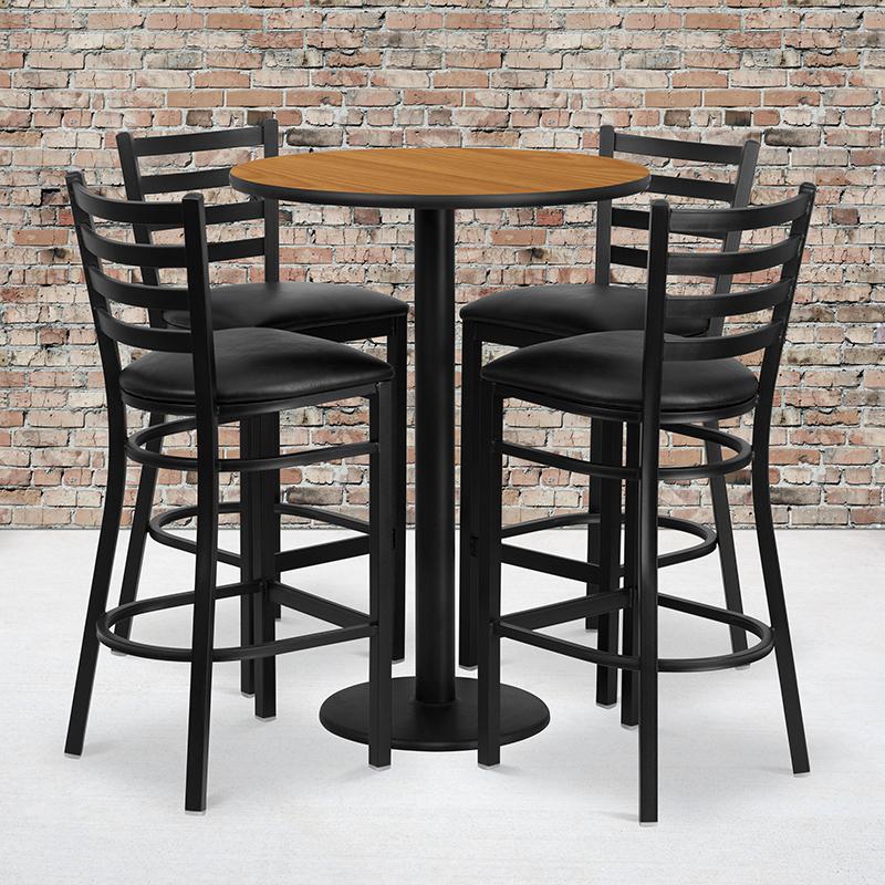 30- Round Table Set with 4 Barstools - Black Seat