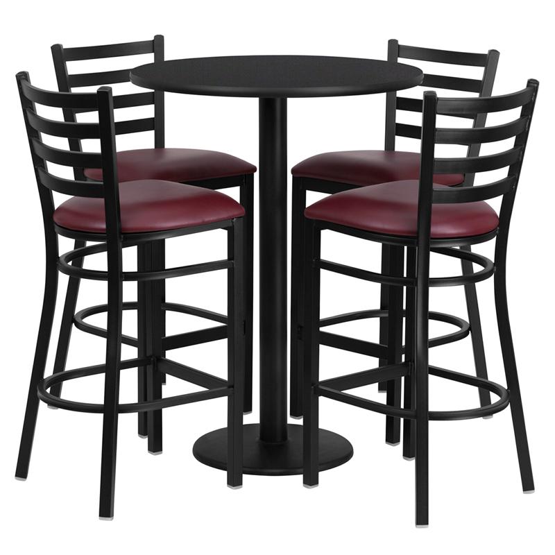 30'' Round Black Laminate Table Set With Round Base And 4 Ladder Back Metal Barstools - Burgundy Vinyl Seat