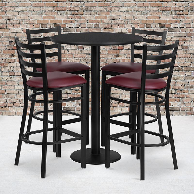 Image of 30'' Round Black Laminate Table Set With Round Base And 4 Ladder Back Metal Barstools - Burgundy Vinyl Seat
