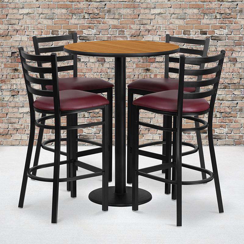 30- Round Table Set with 4 Barstools - Burgundy Seat