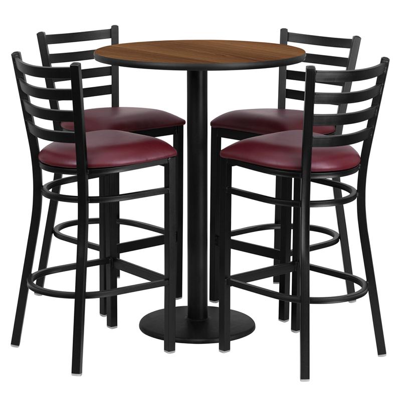 30- Round Walnut Laminate Table Set with 4 Metal Barstools - Burgundy Vinyl Seat