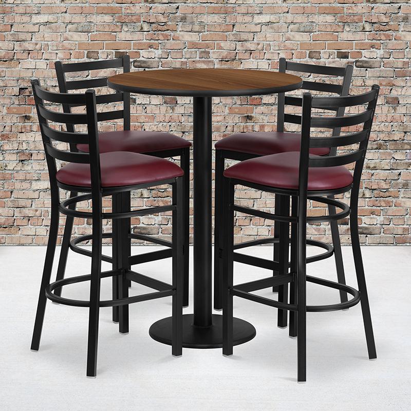 30- Round Walnut Laminate Table Set with 4 Metal Barstools - Burgundy Vinyl Seat