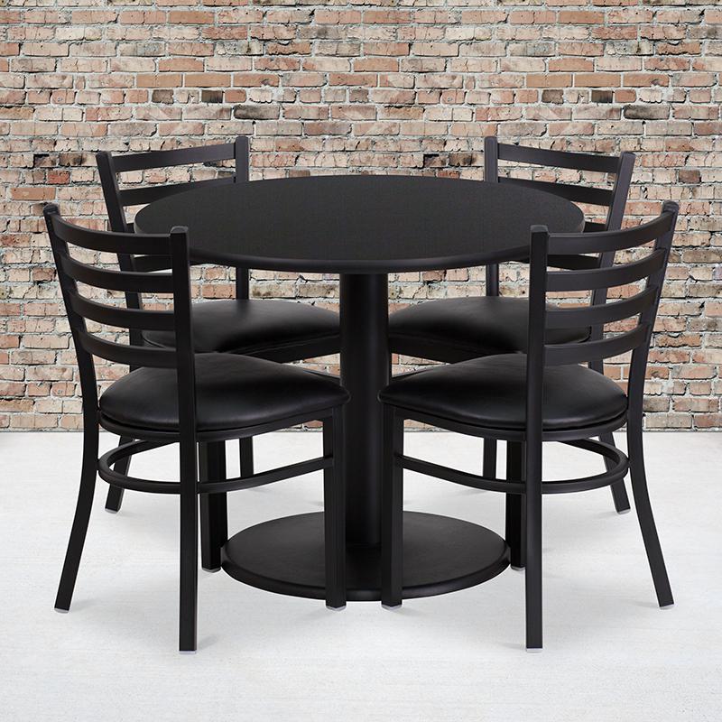 36- Round Table Set with 4 Metal Chairs - Black Seat