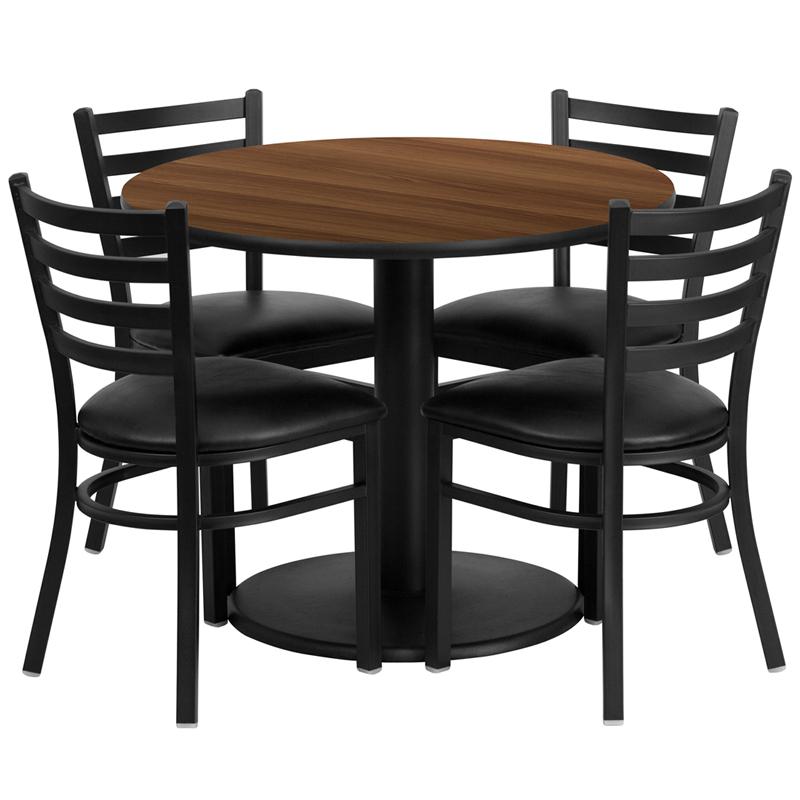 36- Round Walnut Laminate Table Set with 4 Metal Chairs - Black Vinyl Seat