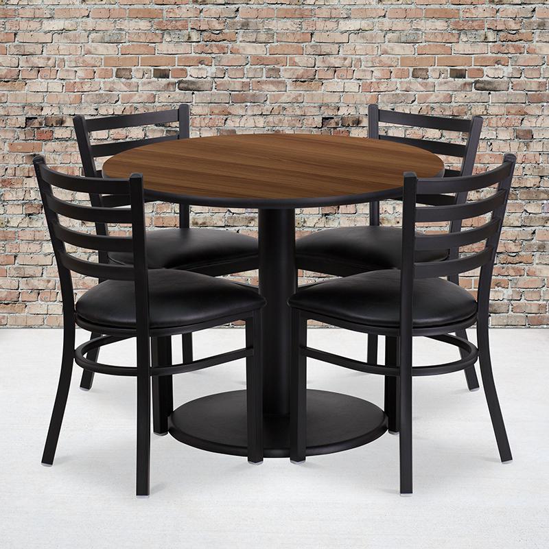 36- Round Walnut Laminate Table Set with 4 Metal Chairs - Black Vinyl Seat