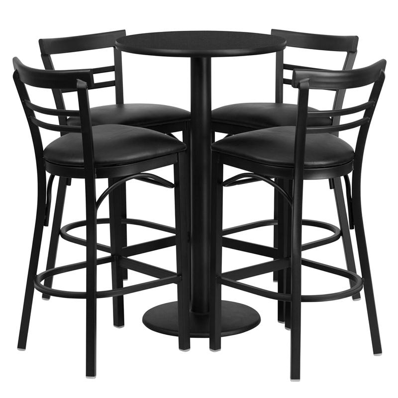 24" Round Black Laminate Table Set with Round Base and 4 Metal Barstools - Black Vinyl Seat