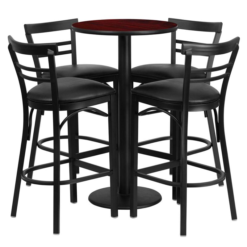 24- Round Table Set with 4 Metal Barstools - Black Vinyl Seat