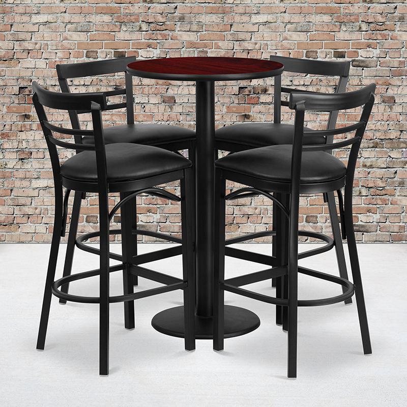 24- Round Table Set with 4 Metal Barstools - Black Vinyl Seat