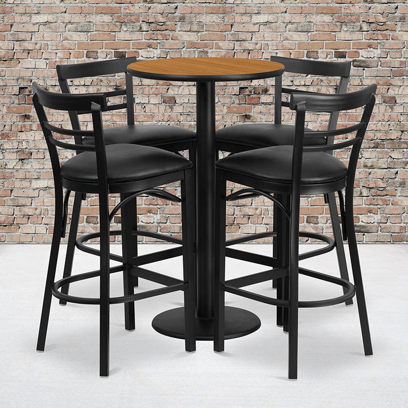 24- Round Table Set with 4 Metal Barstools - Black Seat