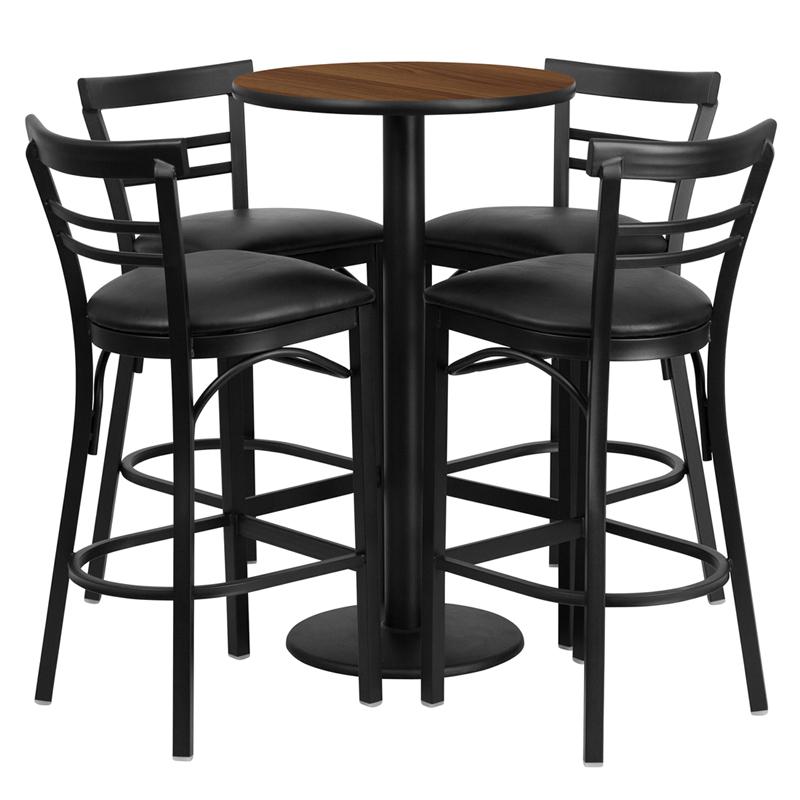 24- Round Walnut Laminate Table Set with Round Base and 4 Metal Barstools - Black Vinyl Seat