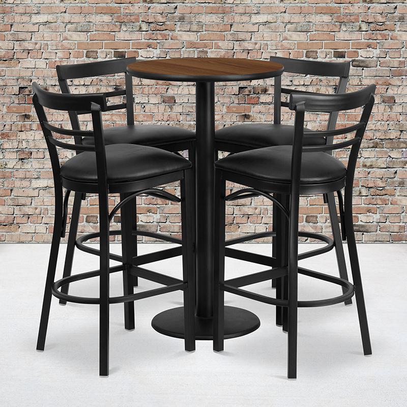 24- Round Walnut Laminate Table Set with Round Base and 4 Metal Barstools - Black Vinyl Seat