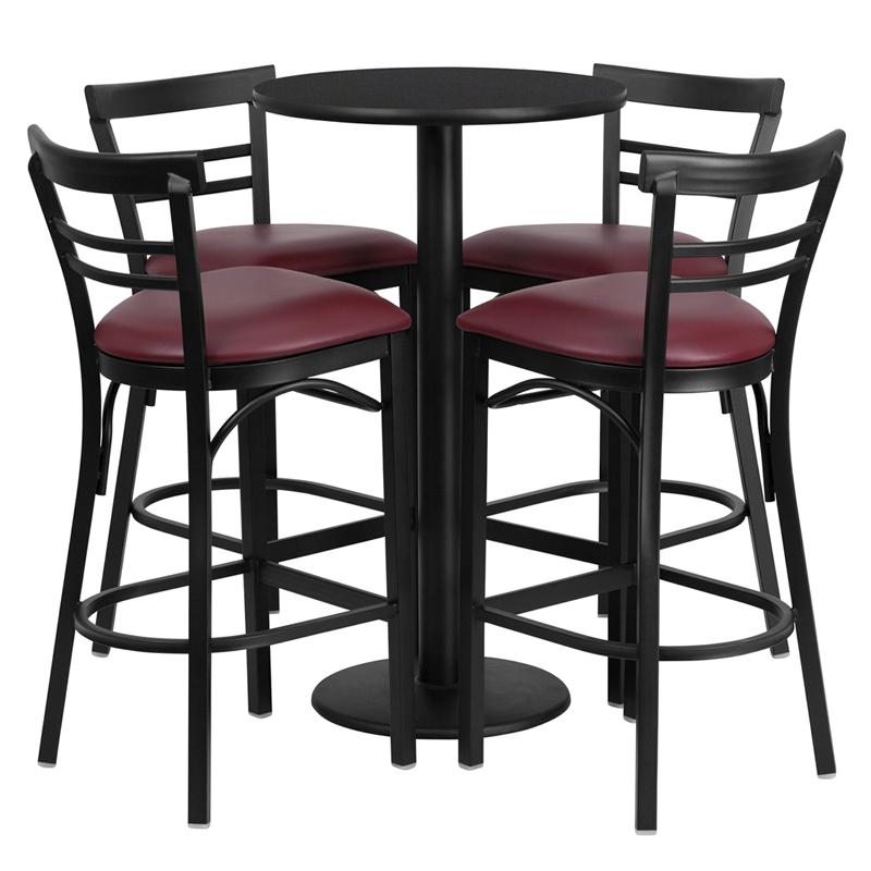 24" Round Black Laminate Table Set with Round Base and 4 Metal Barstools - Burgundy Vinyl Seat