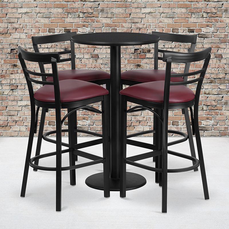 24" Round Black Laminate Table Set with Round Base and 4 Metal Barstools - Burgundy Vinyl Seat