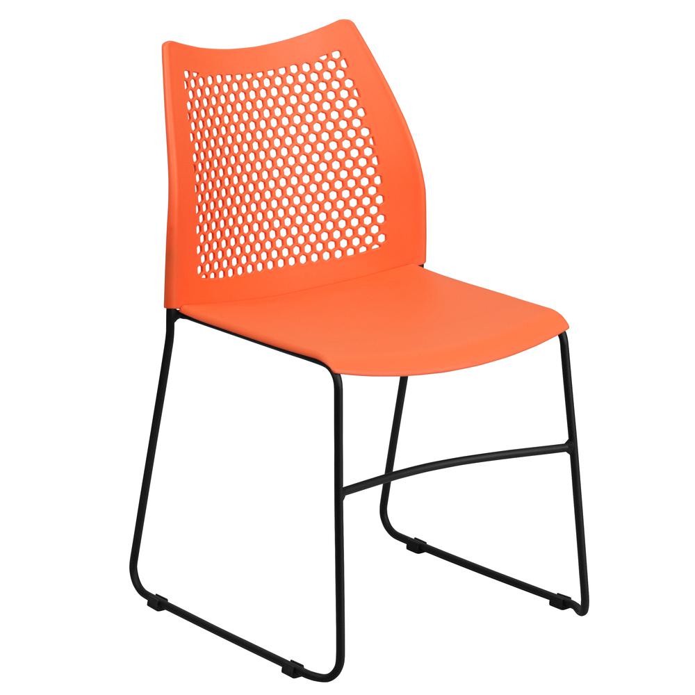 Orange Stack Chair with Air-Vent Back and Black Powder Coated Sled Base - 661 lb. Capacity