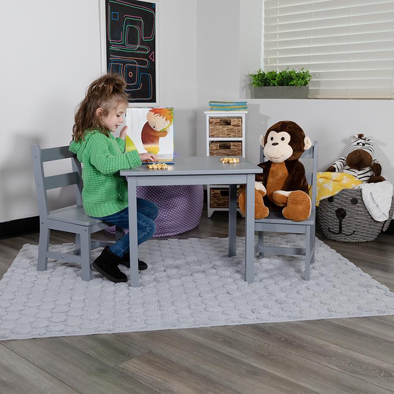 Kids Solid Hardwood Table And Chair Set For Playroom, Bedroom, Kitchen - 3 Piece Set - Gray