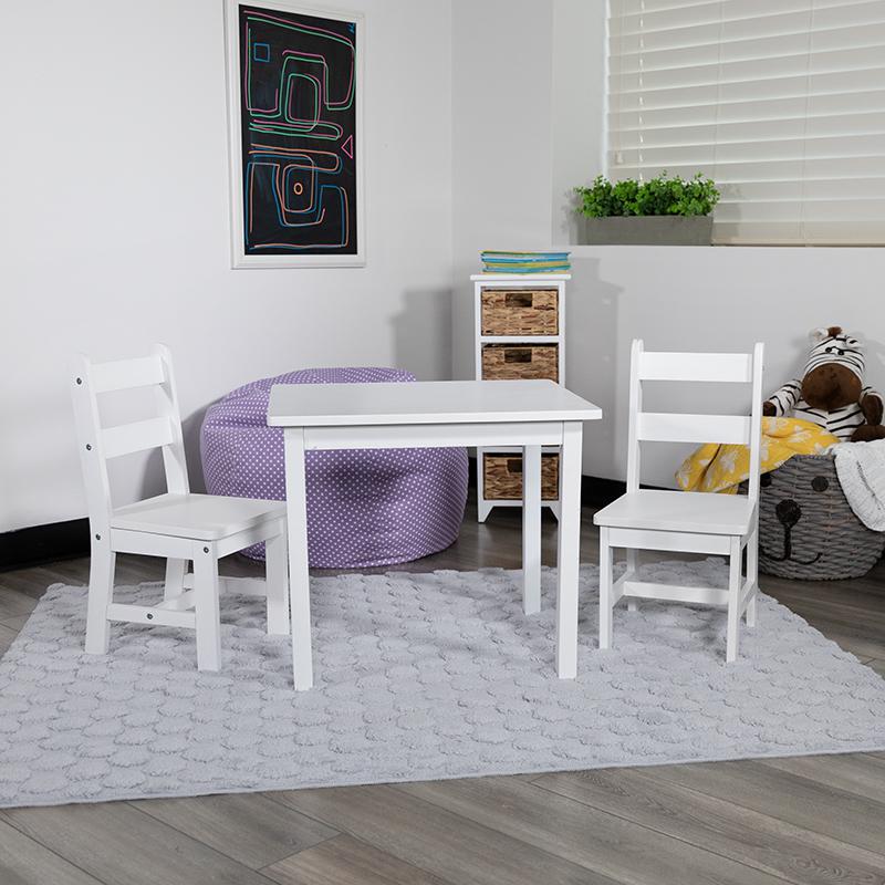 This is the image of Kids Solid Hardwood Table and Chair Set - 3 Piece Set for Playroom, Bedroom, and Kitchen in White